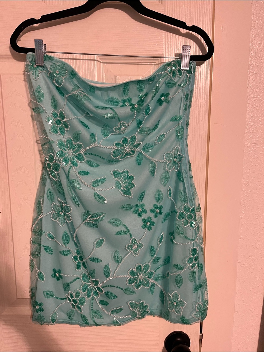 Aqua Beaded Floral Strapless Dress